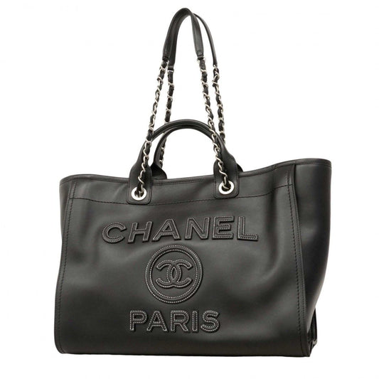 Chanel Handbag Deauville Lambskin Black Silver 2-Way Bag