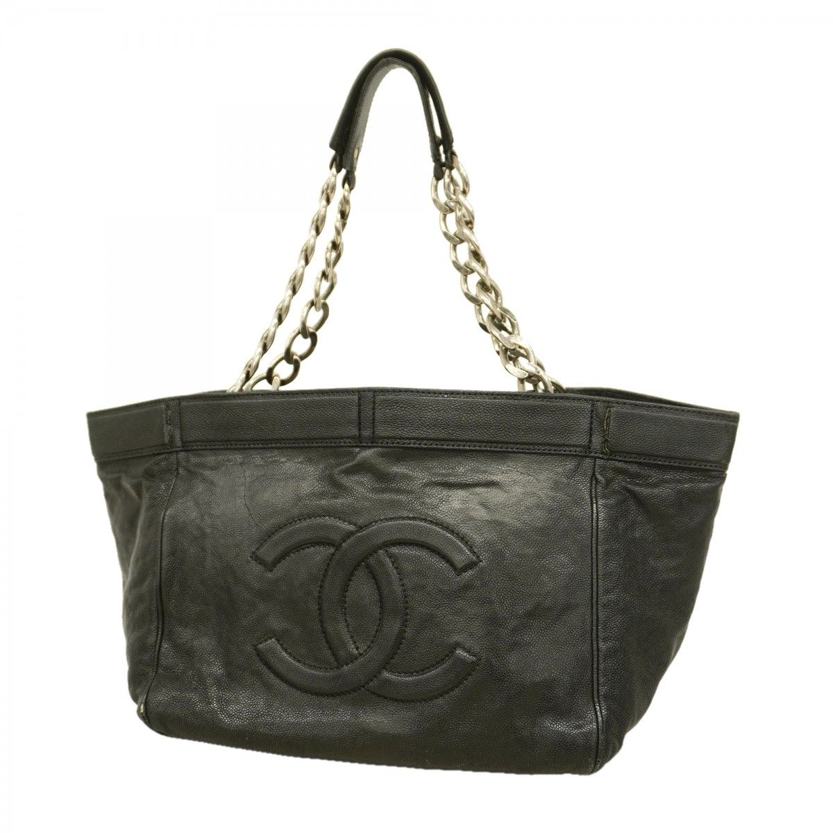 Chanel Chain Tote Caviar Leather Black Silver