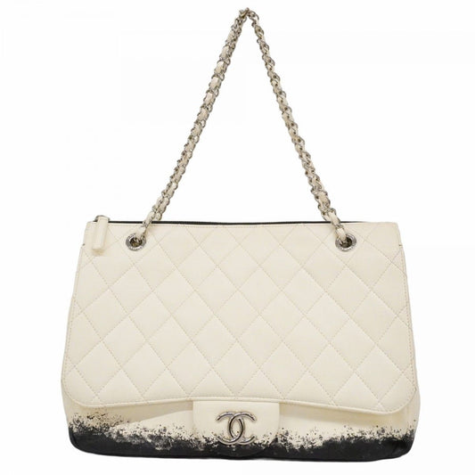 Chanel Shoulder Bag Quilted Lambskin White Black Silver