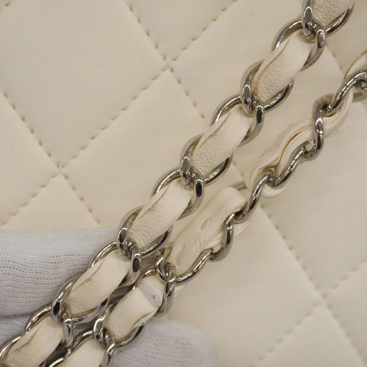 Chanel Shoulder Bag Quilted Lambskin White Black Silver