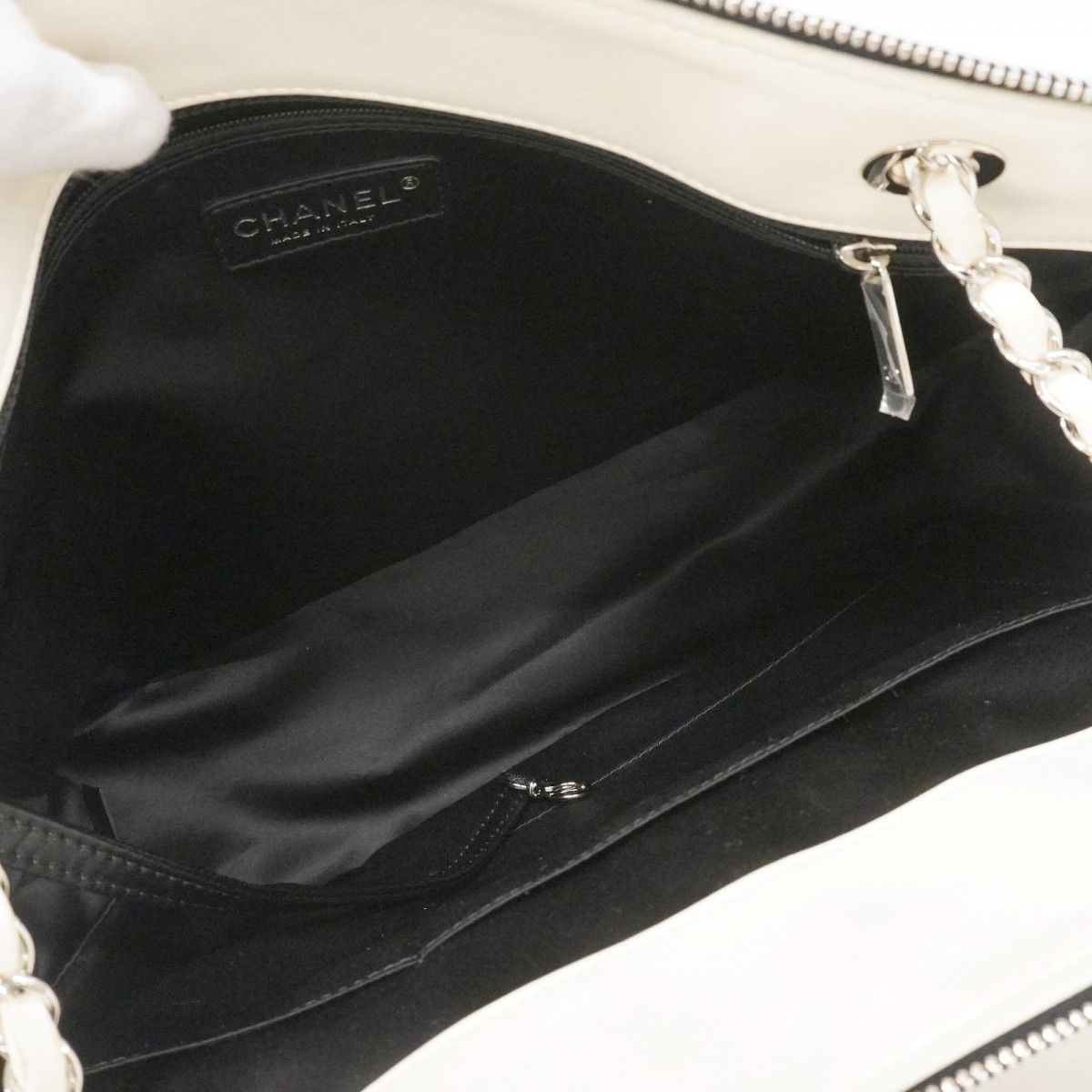 Chanel Shoulder Bag Quilted Lambskin White Black Silver