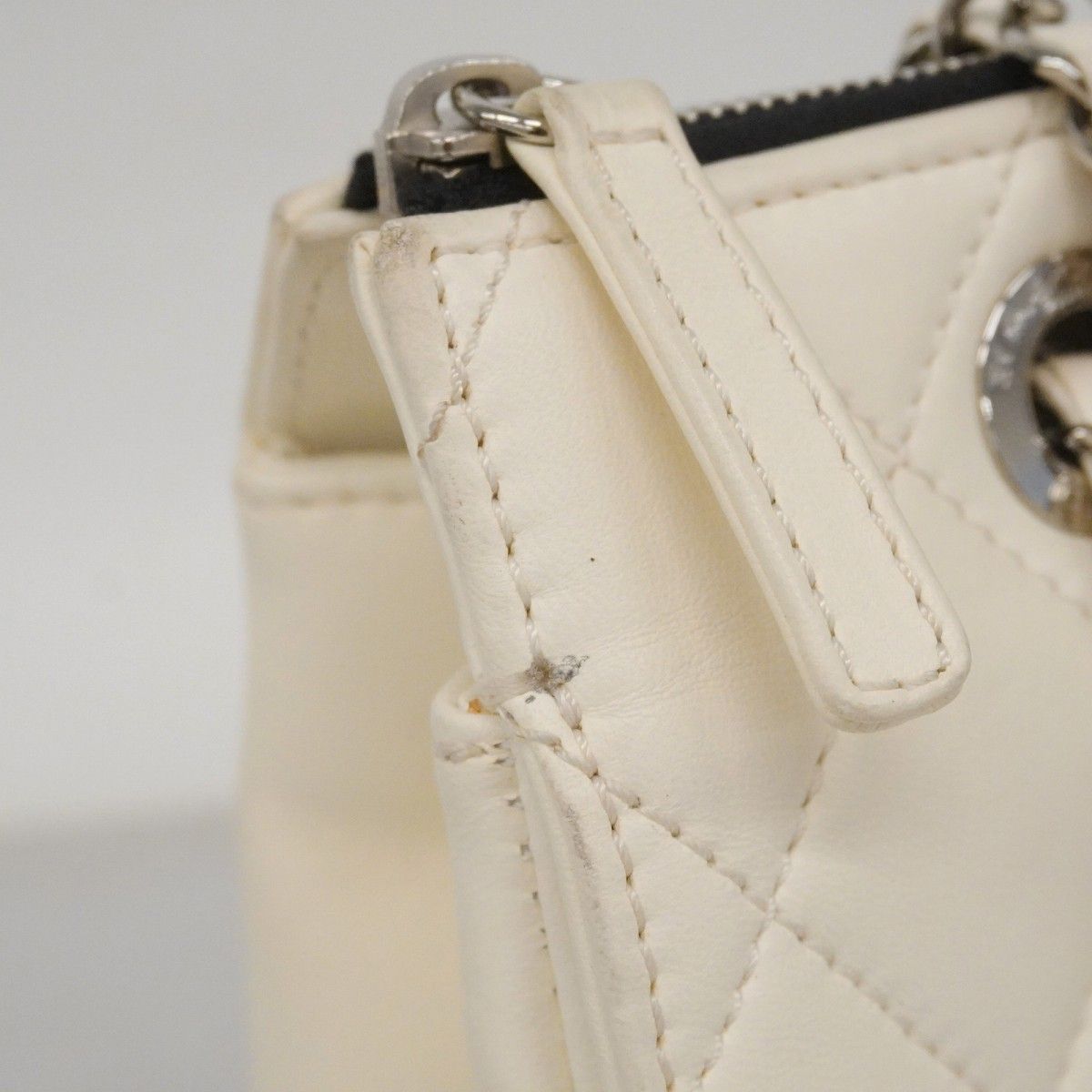 Chanel Shoulder Bag Quilted Lambskin White Black Silver