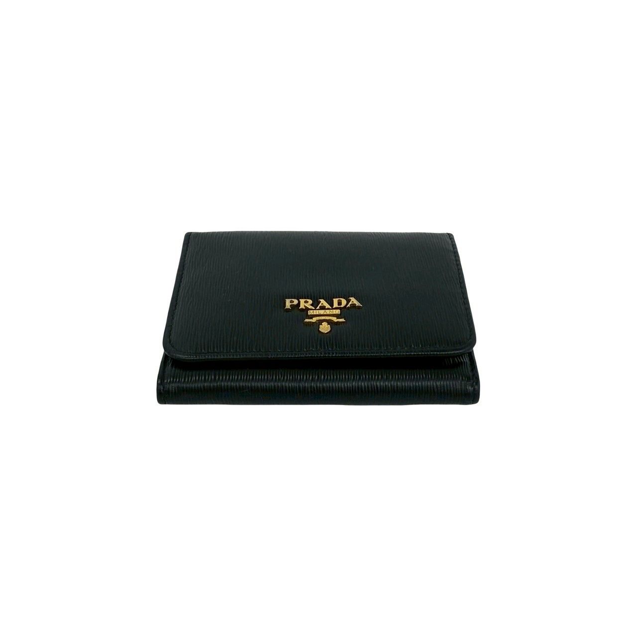 Prada Logo Vitterom Bu Leather Trifold Wallet Mini Coin Case Card Black