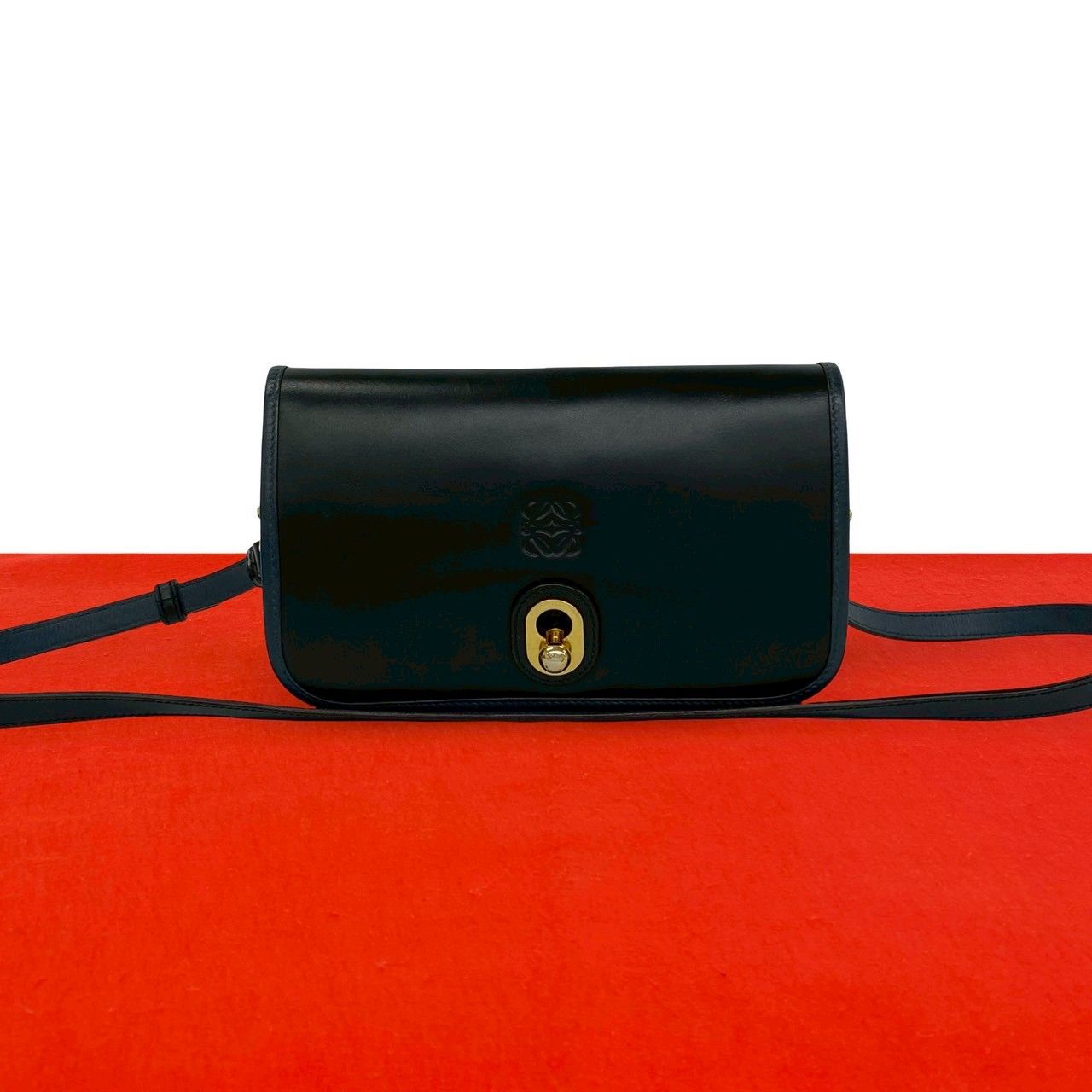 Loewe Anagram Logo Leather Mini Shoulder Bag Pochette Crossbody Black Navy