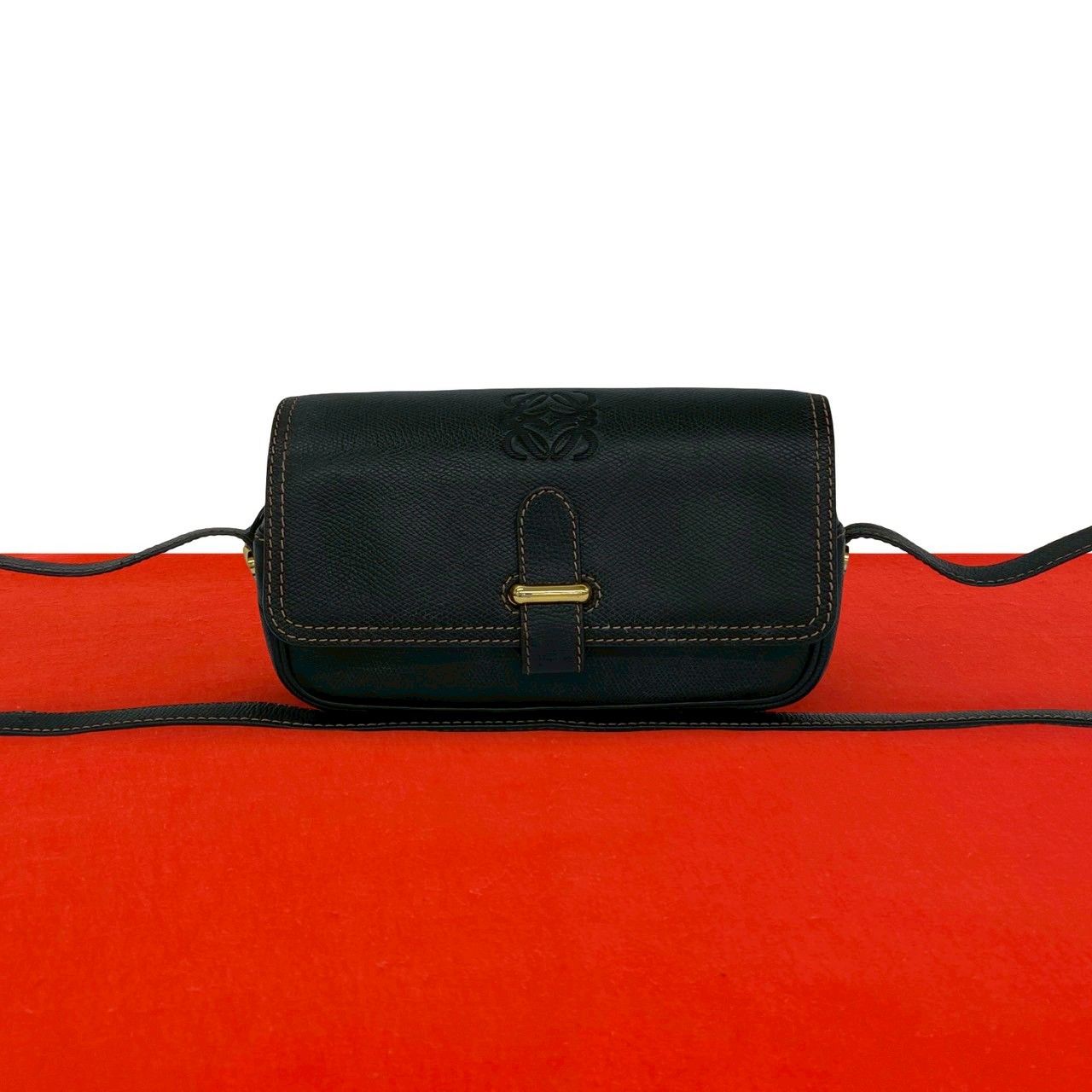 Loewe Vintage Anagram Logo Leather Mini Shoulder Bag Pochette Crossbody Black