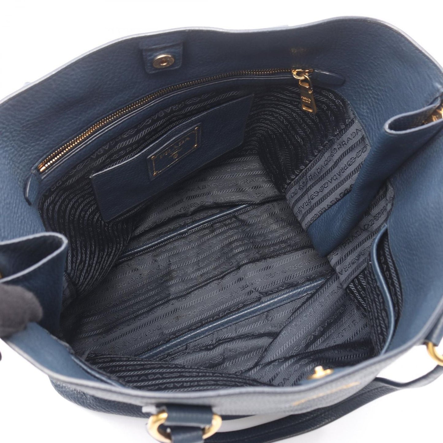 Prada Tote Side Zip Navy Leather