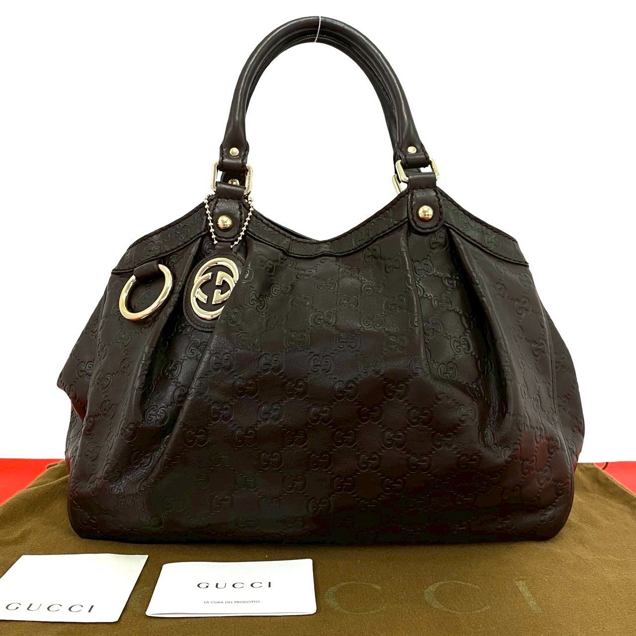 Gucci Ski Guccissima GG Log Leather Handbag Mini Tote Dark Brown