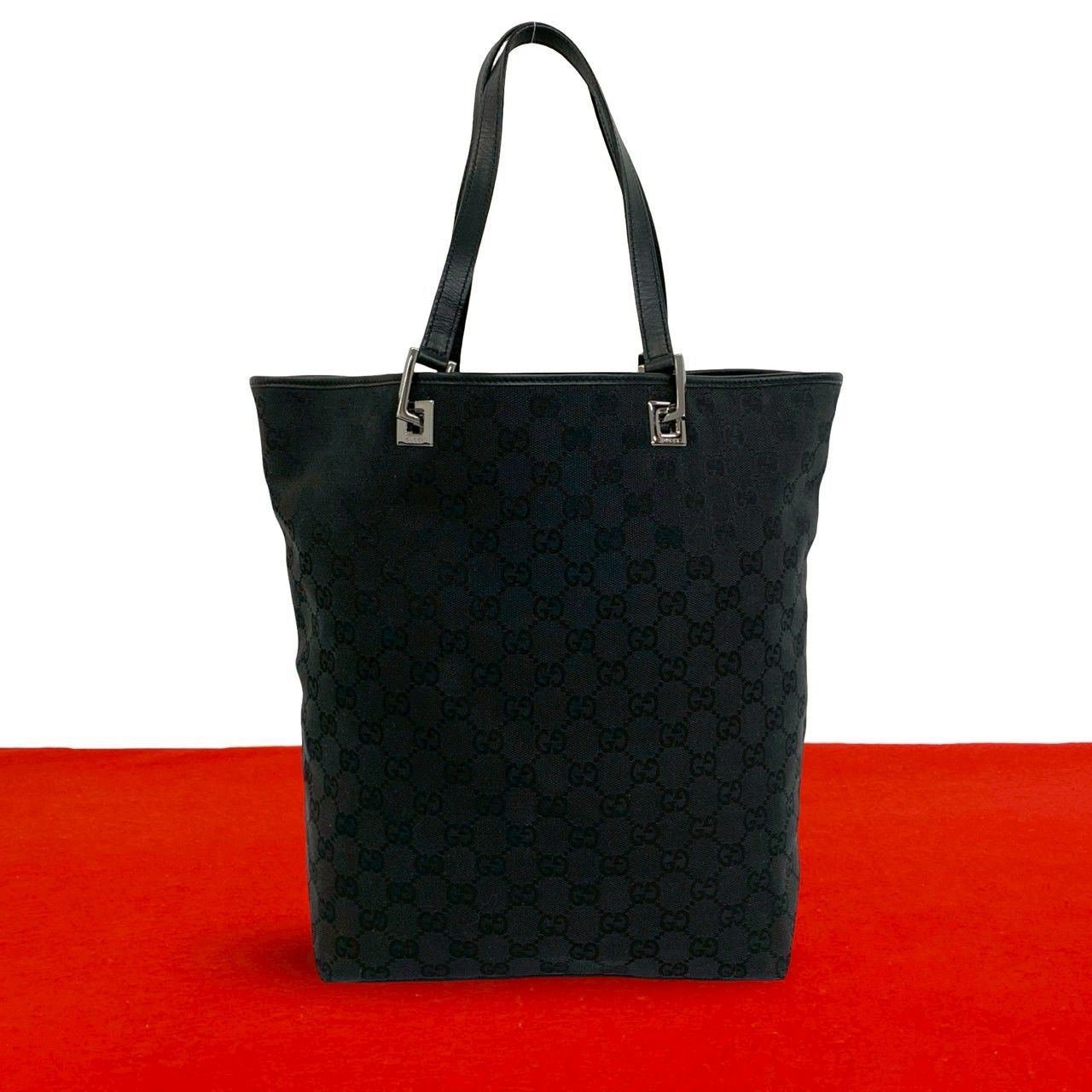Gucci GG Canvas Leather Tote Shoulder Bag Black