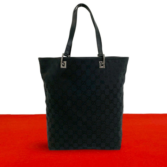 Gucci GG Canvas Leather Tote Shoulder Bag Black