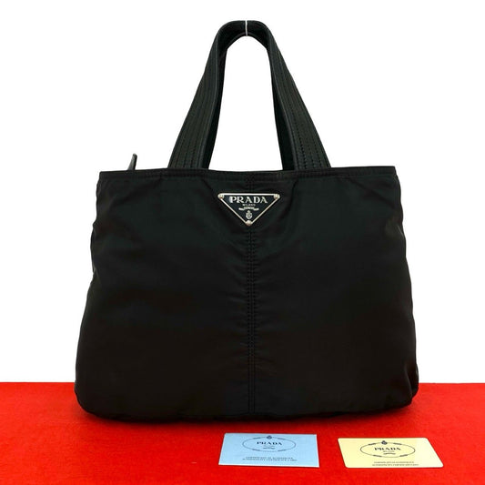 Prada Triangle Logo Tessuto Nylon Leather Handbag Mini Tote Black with Card