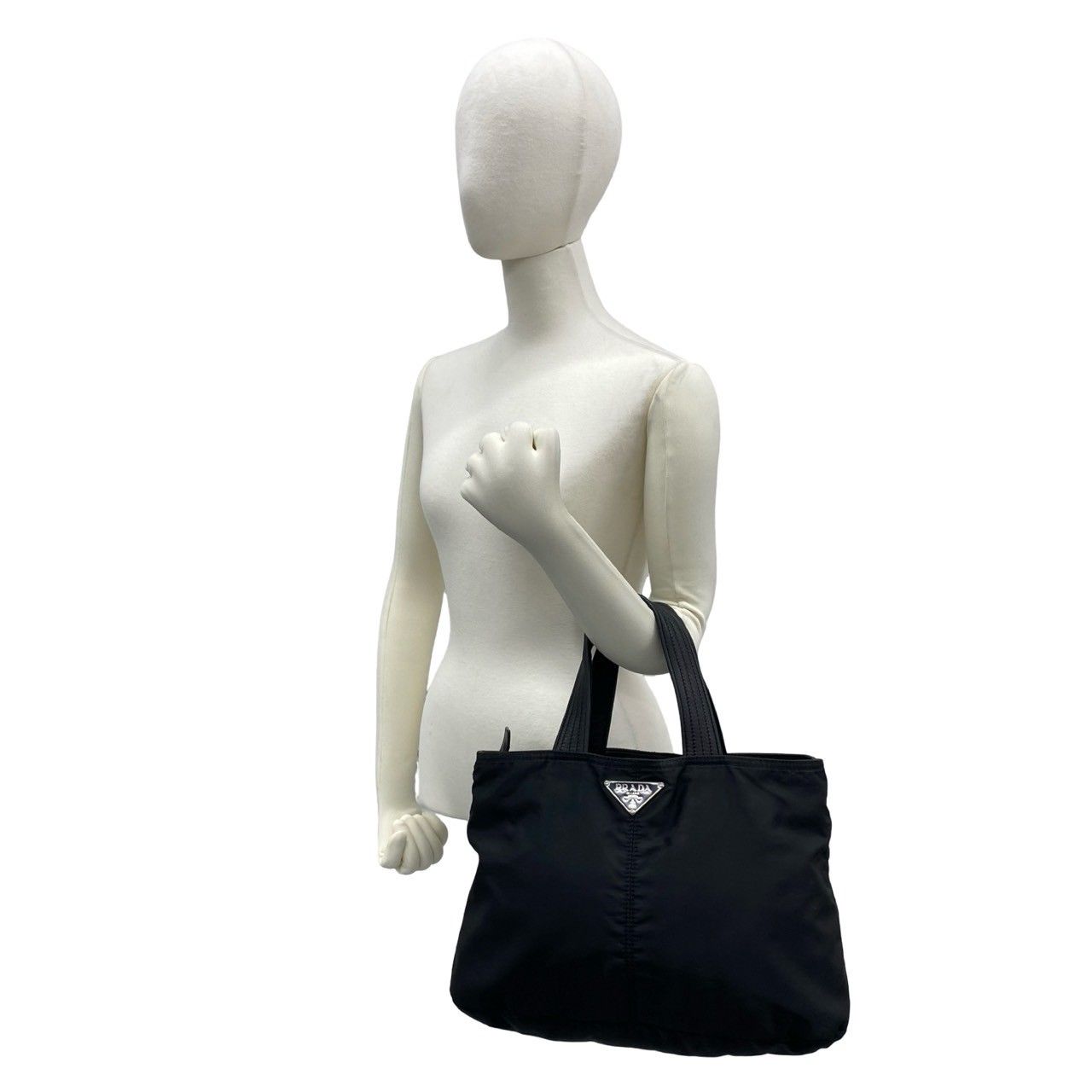 Prada Triangle Logo Tessuto Nylon Leather Handbag Mini Tote Black with Card