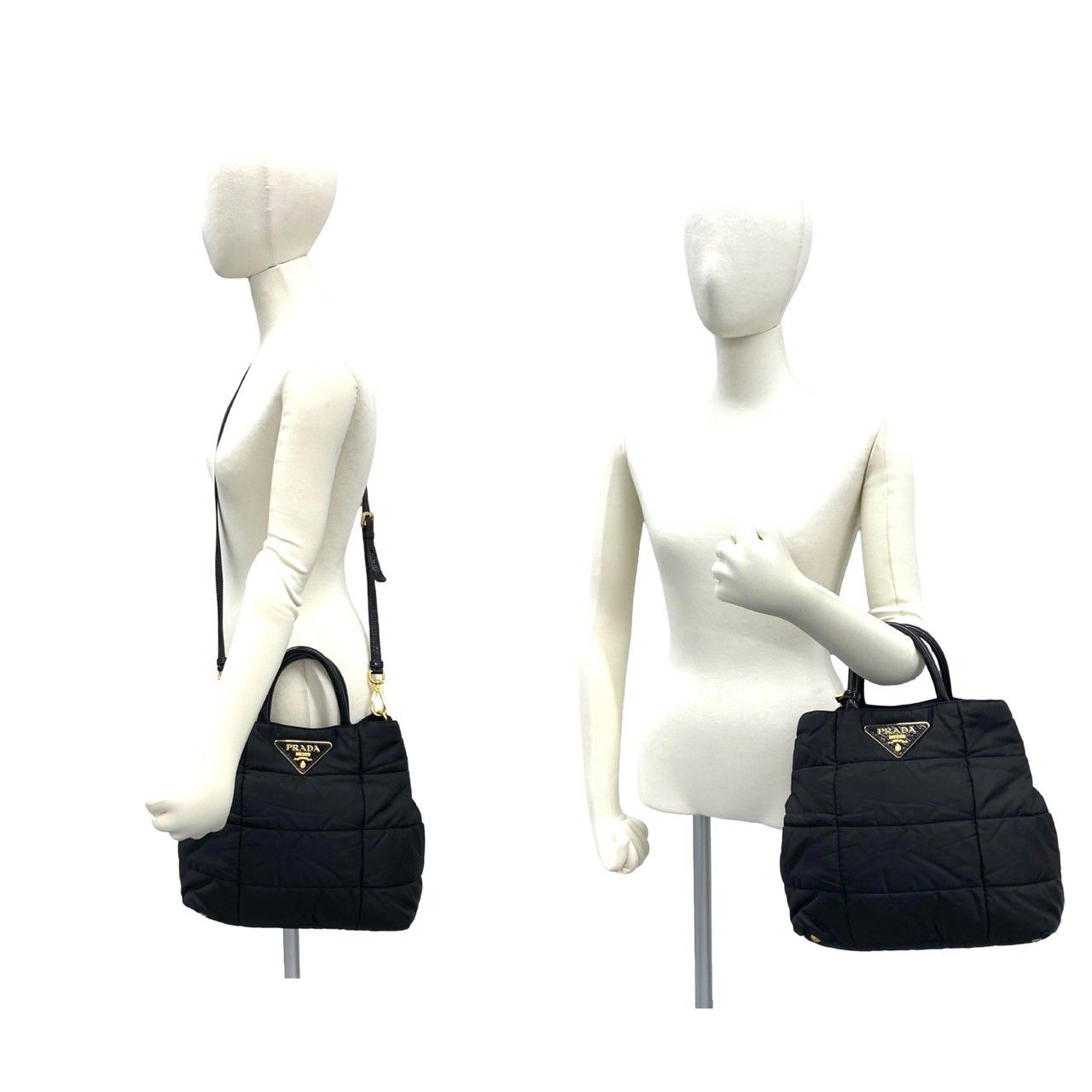 Prada Triangle Logo Quilted Nylon Leather 2-Way Tote Shoulder Bag Black