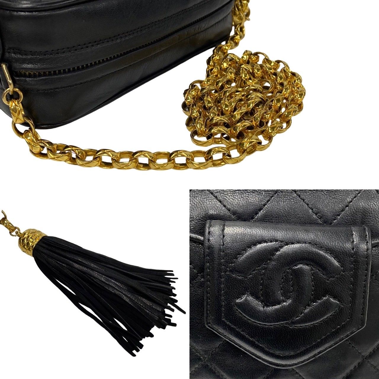 Chanel Box Quilted Lambskin Leather Fringe Chain Shoulder Bag Black