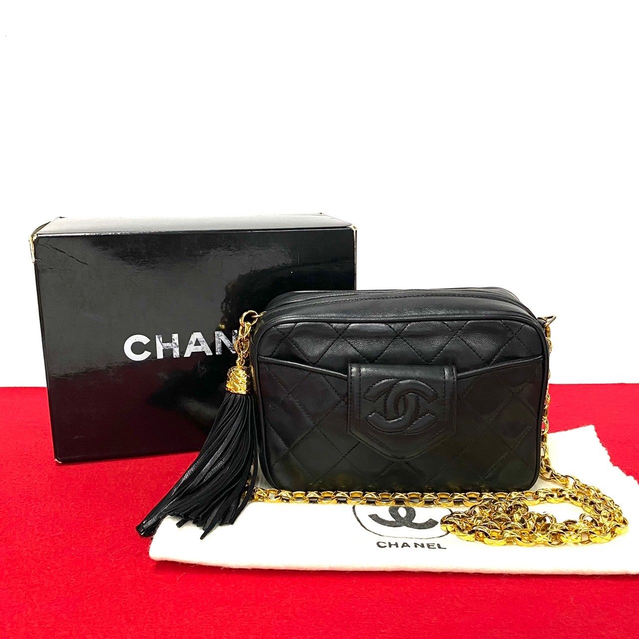 Chanel Box Quilted Lambskin Leather Fringe Chain Shoulder Bag Black