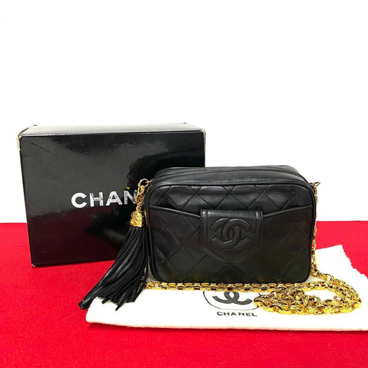Chanel Box Quilted Lambskin Leather Fringe Chain Shoulder Bag Black