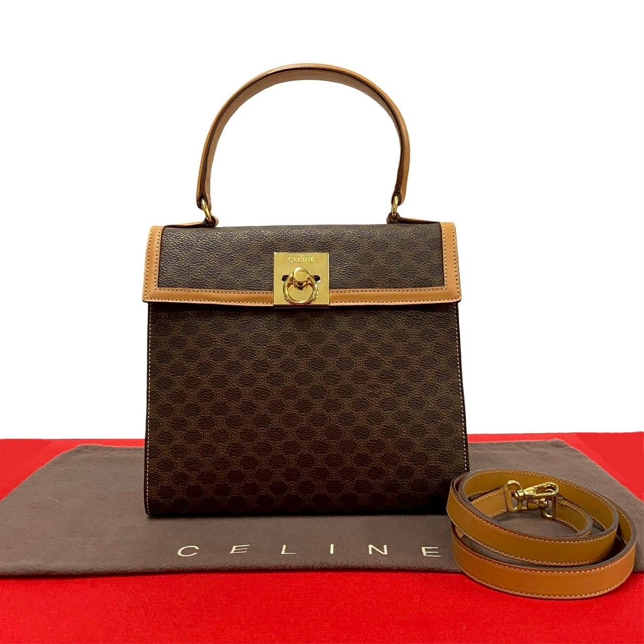 Celine Macadam Blason Pattern Logo Ring Leather 2-Way Shoulder Bag Brown