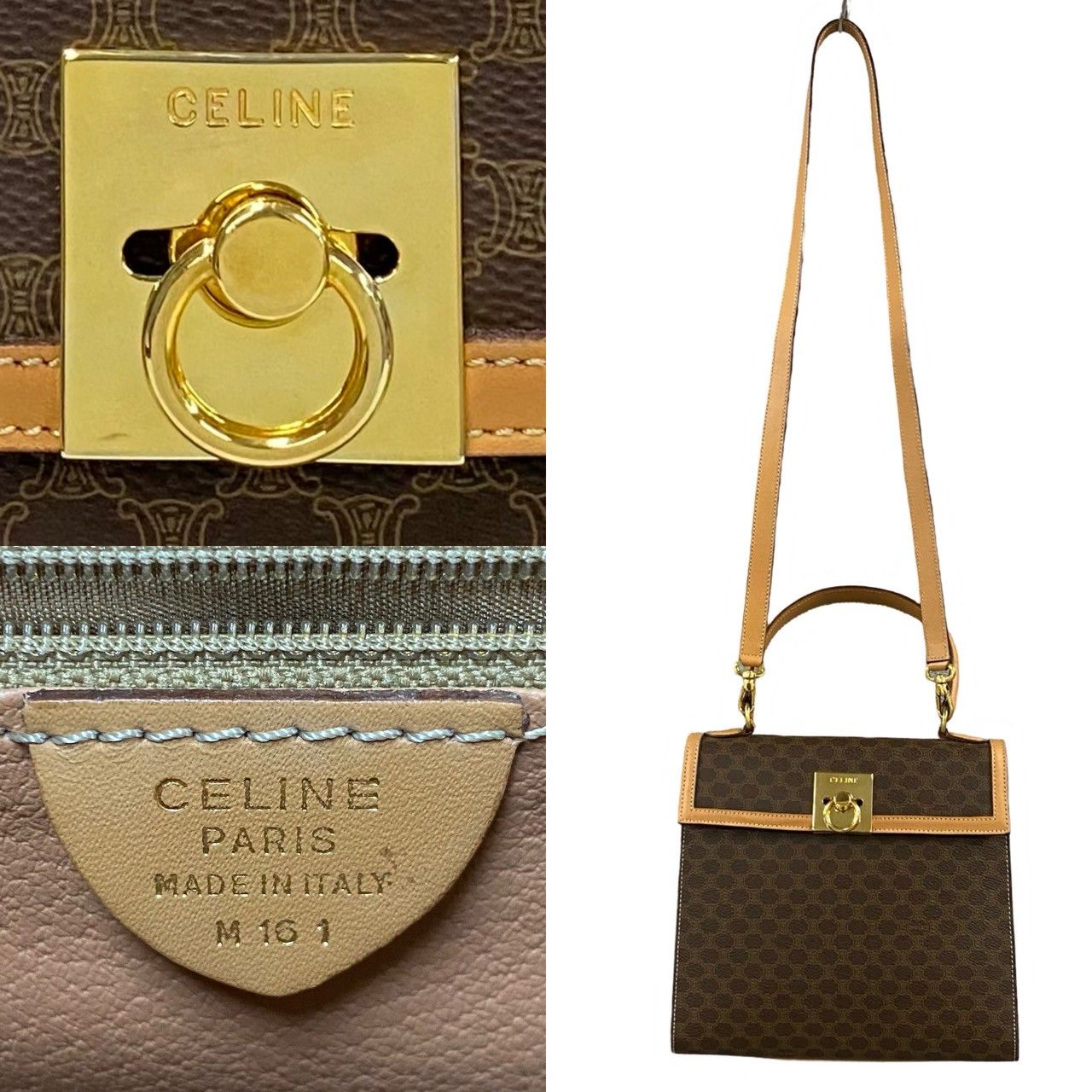 Celine Macadam Blason Pattern Logo Ring Leather 2-Way Shoulder Bag Brown