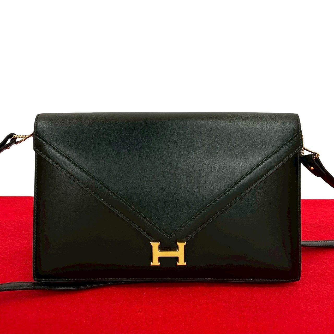 Hermes Vintage Lydie Box Calf Leather Shoulder Bag Pochette Black