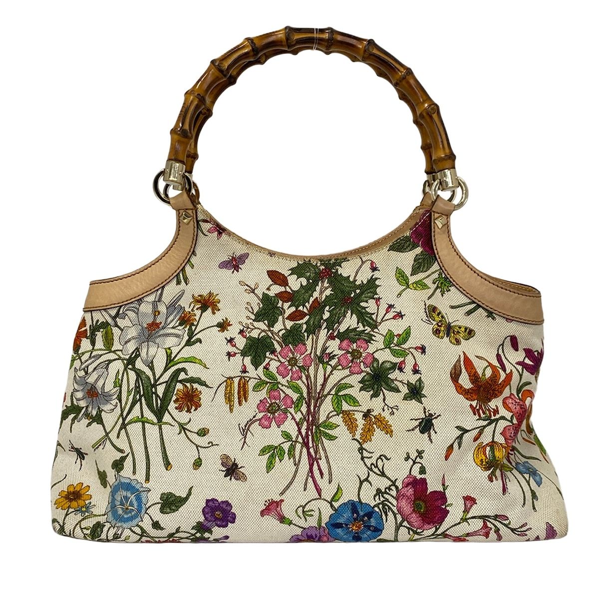 Gucci Tote Flora Bamboo Ivory Dark Green Multi Leather