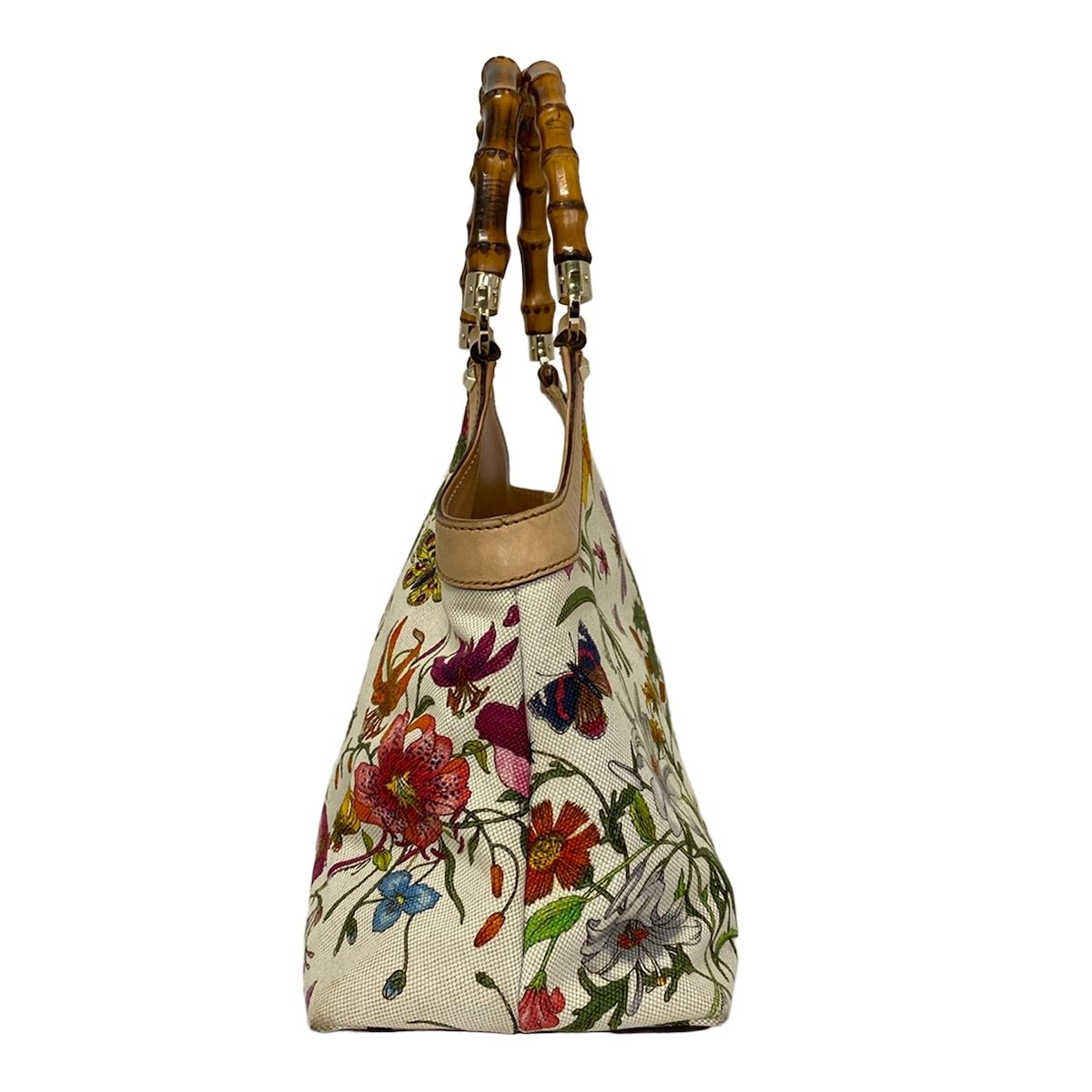 Gucci Tote Flora Bamboo Ivory Dark Green Multi Leather