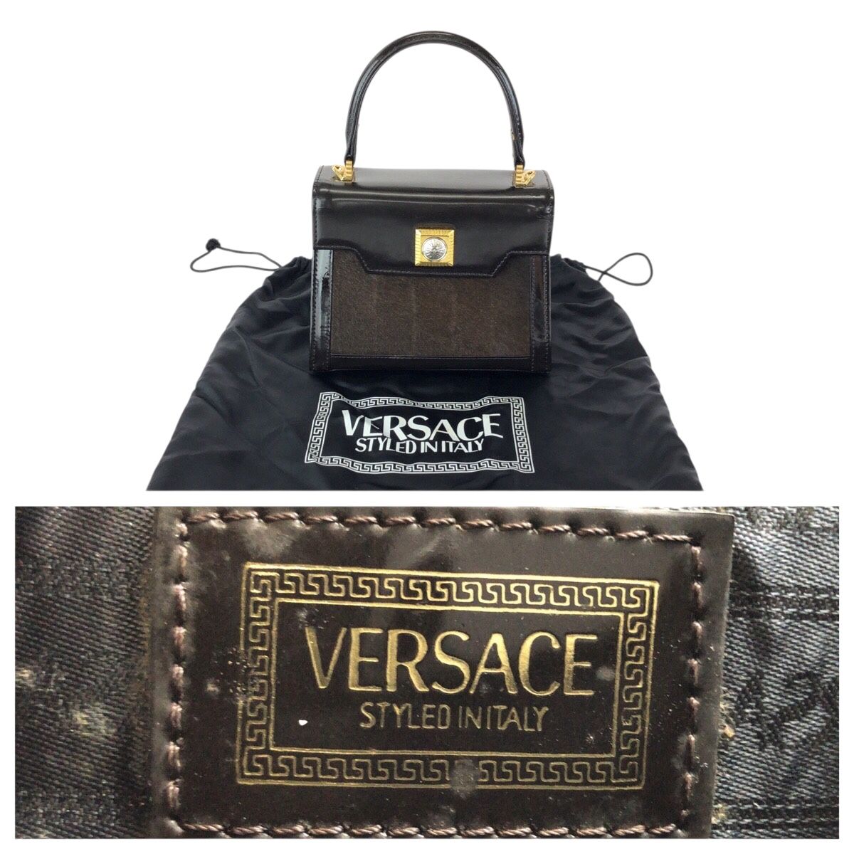 Versace Sunburst Pony Hair Dark Brown Gold Enamel Calf Handbag