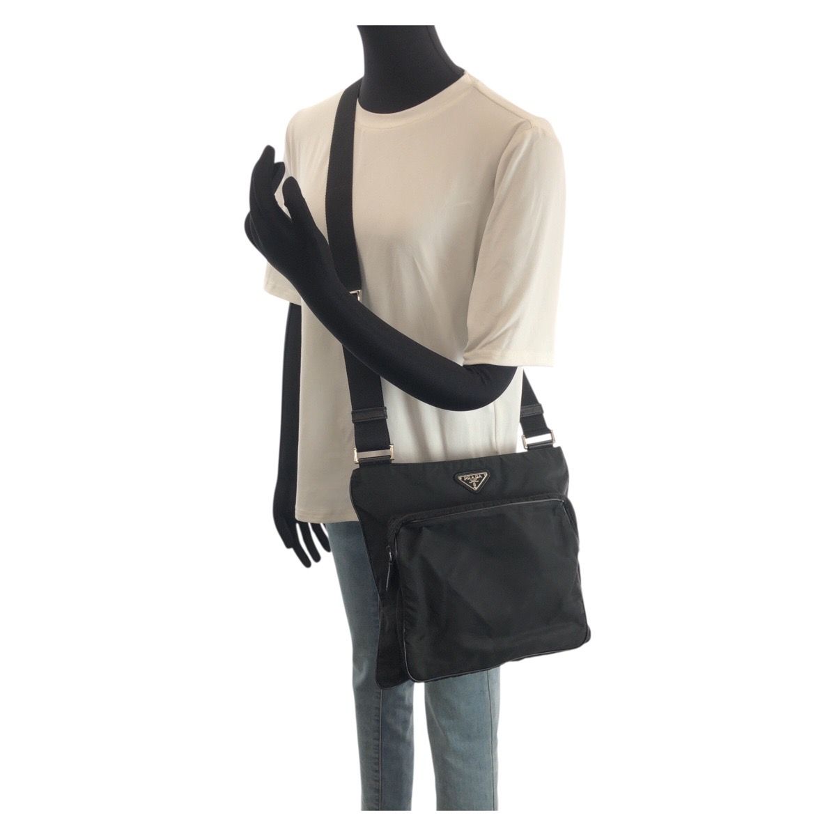 Prada Tessuto Black Silver Nylon Shoulder Bag