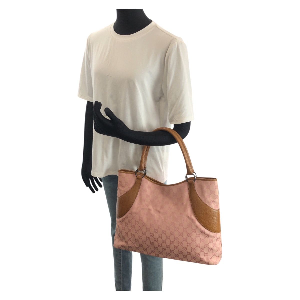 Gucci Pink Brown Silver GG Canvas Leather Tote Shoulder Bag