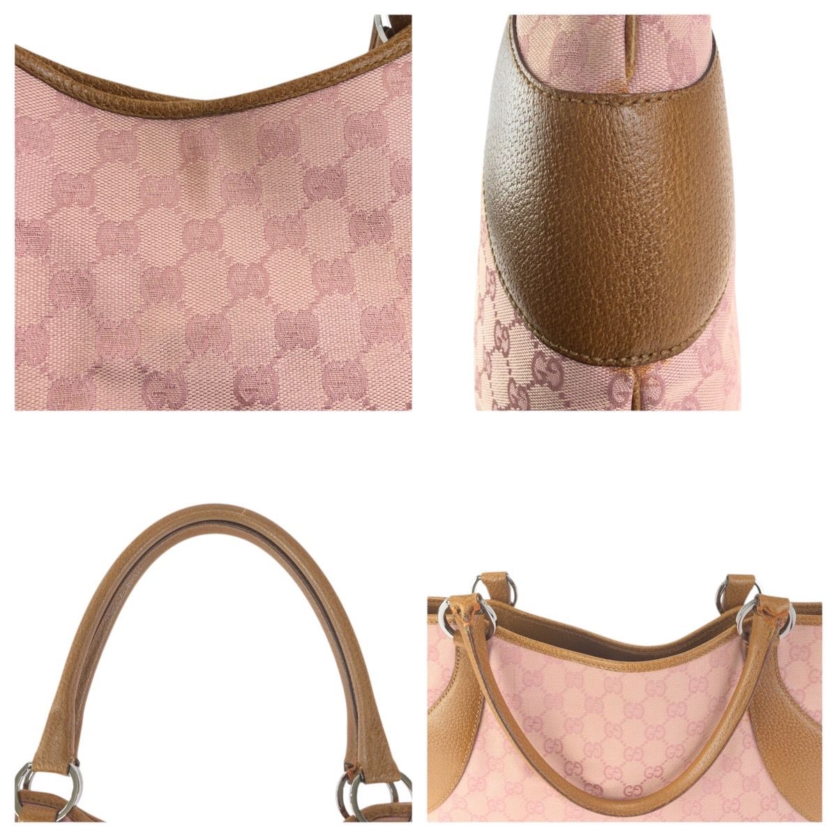Gucci Pink Brown Silver GG Canvas Leather Tote Shoulder Bag