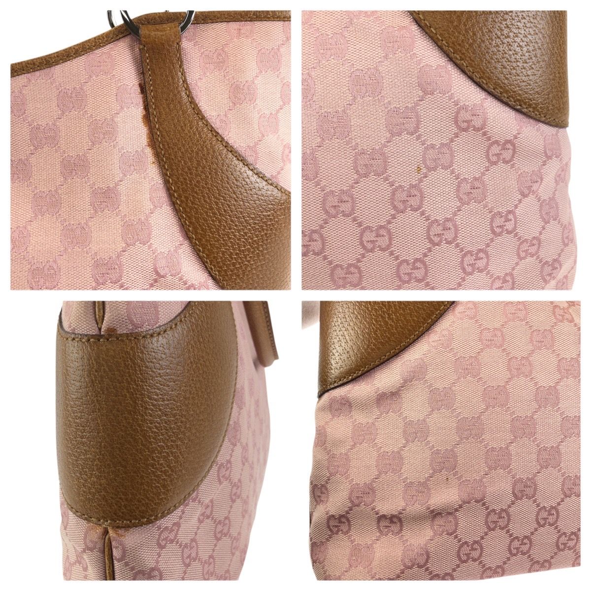 Gucci Pink Brown Silver GG Canvas Leather Tote Shoulder Bag
