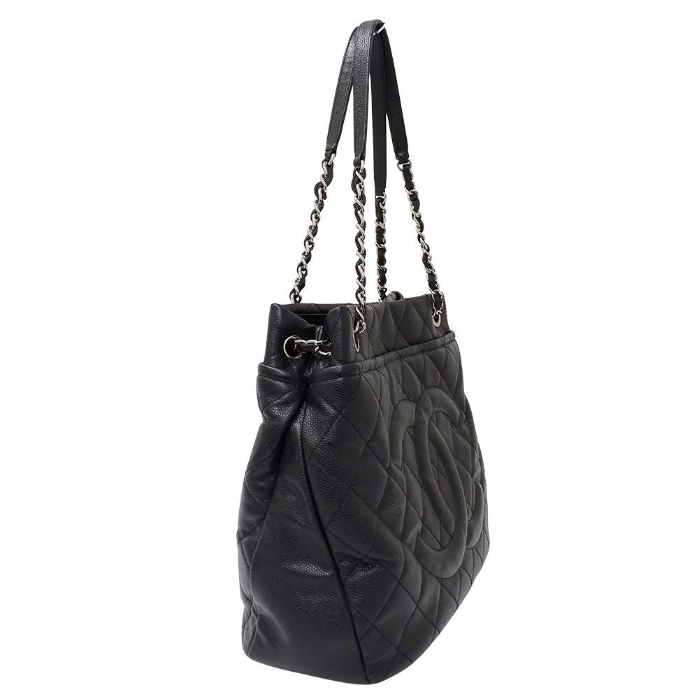 Chanel Quilted Tote Caviar Leather Black Silver Chain Large