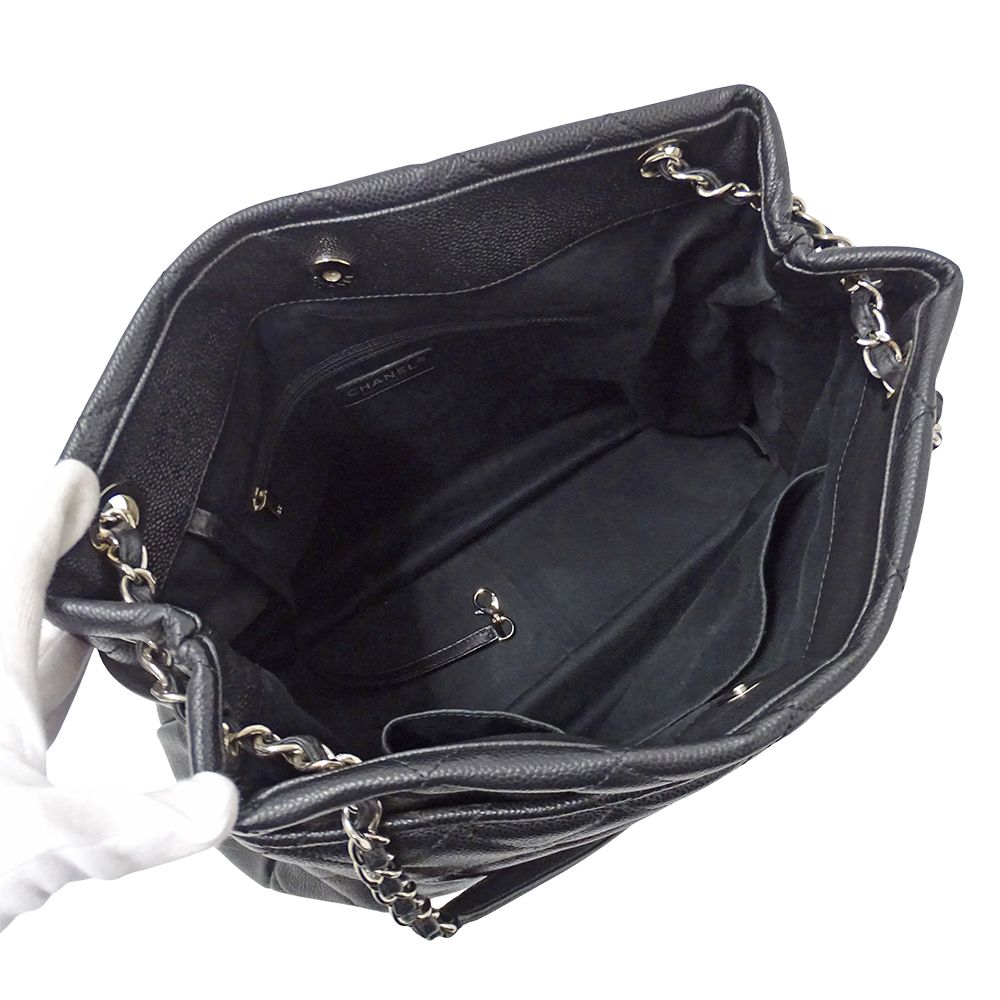 Chanel Quilted Tote Caviar Leather Black Silver Chain Large