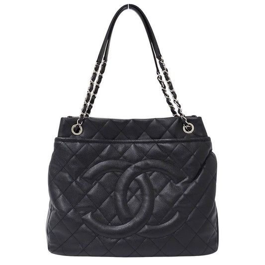 Chanel Quilted Tote Caviar Leather Black Silver Chain Large