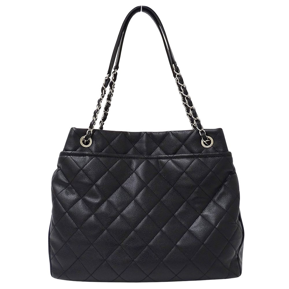 Chanel Quilted Tote Caviar Leather Black Silver Chain Large