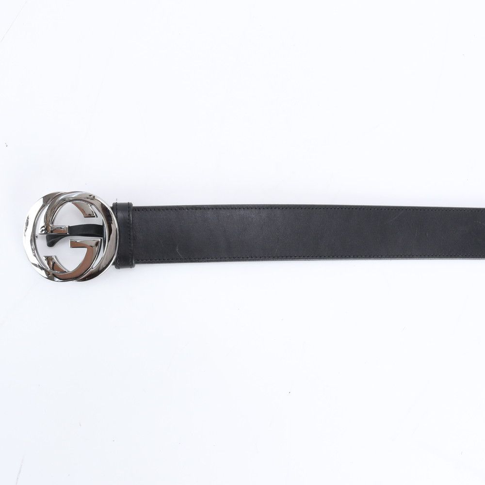 Gucci Interlocking Leather Belt Suit Black Silver Buckle Ewe