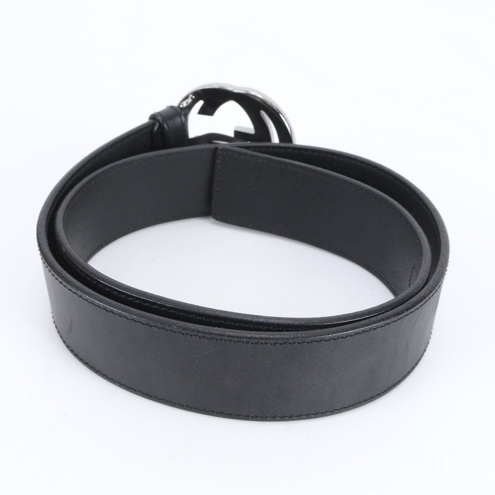 Gucci Interlocking Leather Belt Suit Black Silver Buckle Ewe