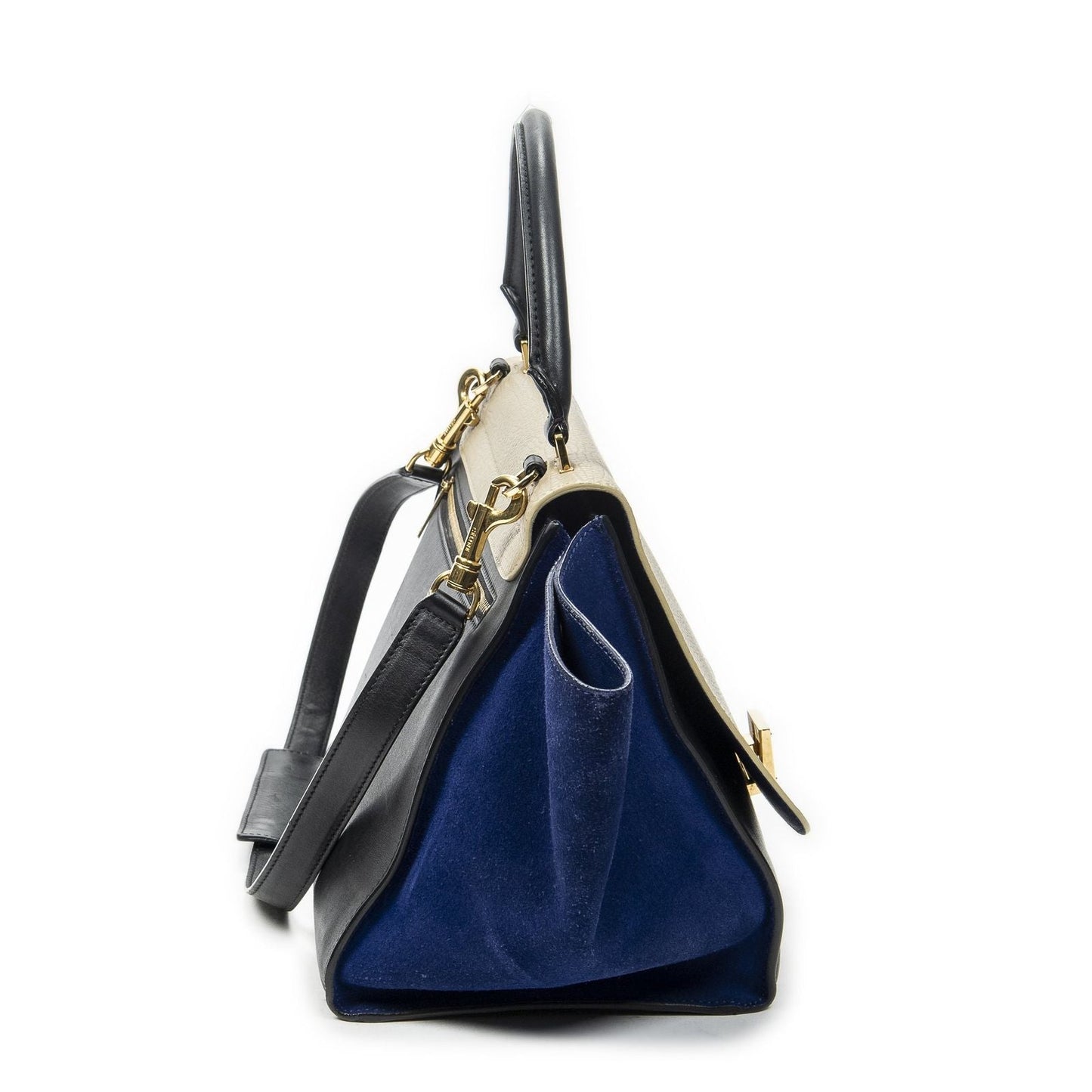 Celine Tricolor Trapeze Black Blue Taupe Calfskin Leather Messenger Bag