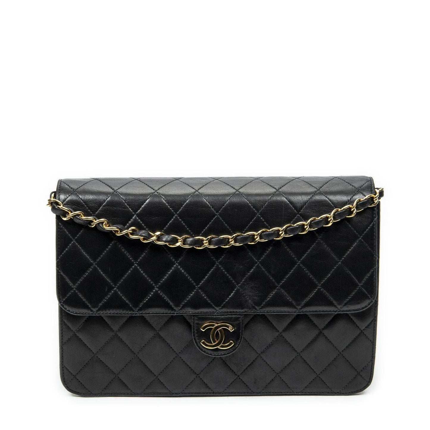 Chanel Vintage Push Lock Straight Flap Black Quilted Lambskin Leather