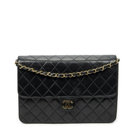 Chanel Vintage Push Lock Straight Flap Black Quilted Lambskin Leather