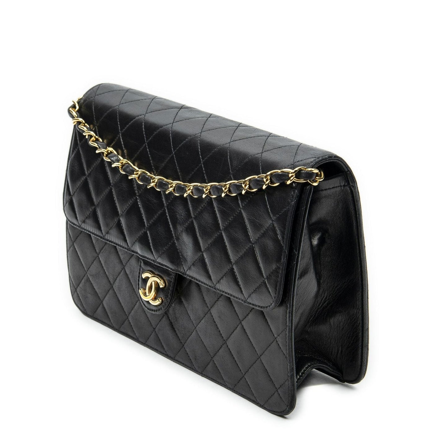 Chanel Vintage Push Lock Straight Flap Black Quilted Lambskin Leather