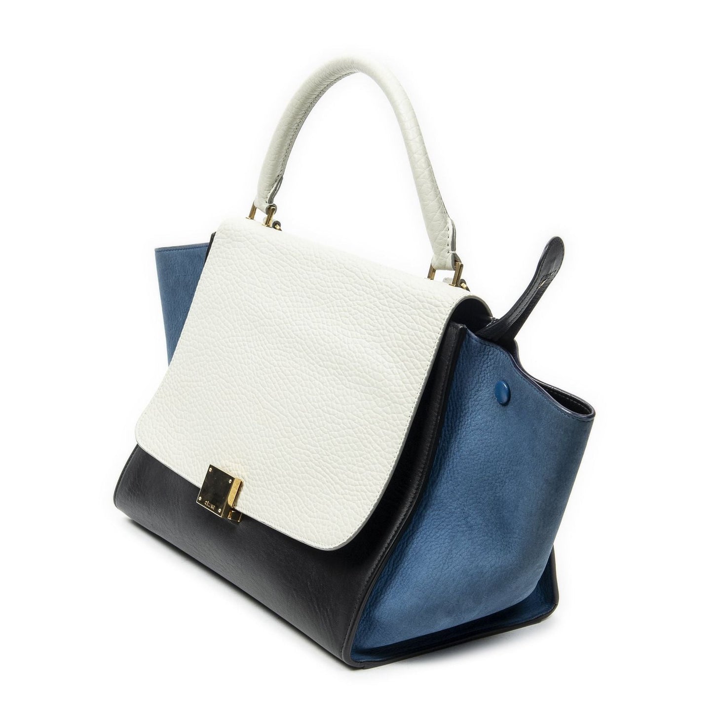 Celine Tricolor Trapeze Black Ivory Blue Calfskin Leather Messenger Bag