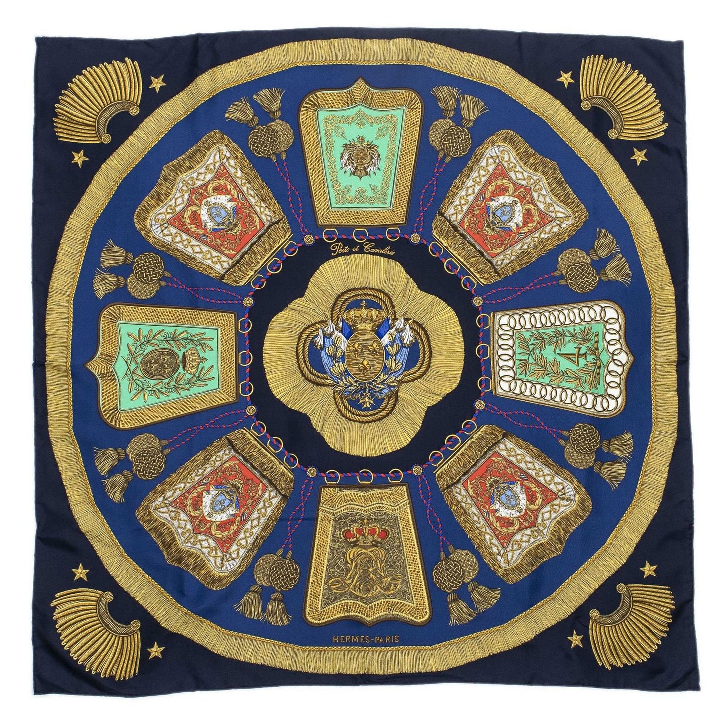 Hermes Scarf Navy Green 100% Gold Twill Silk