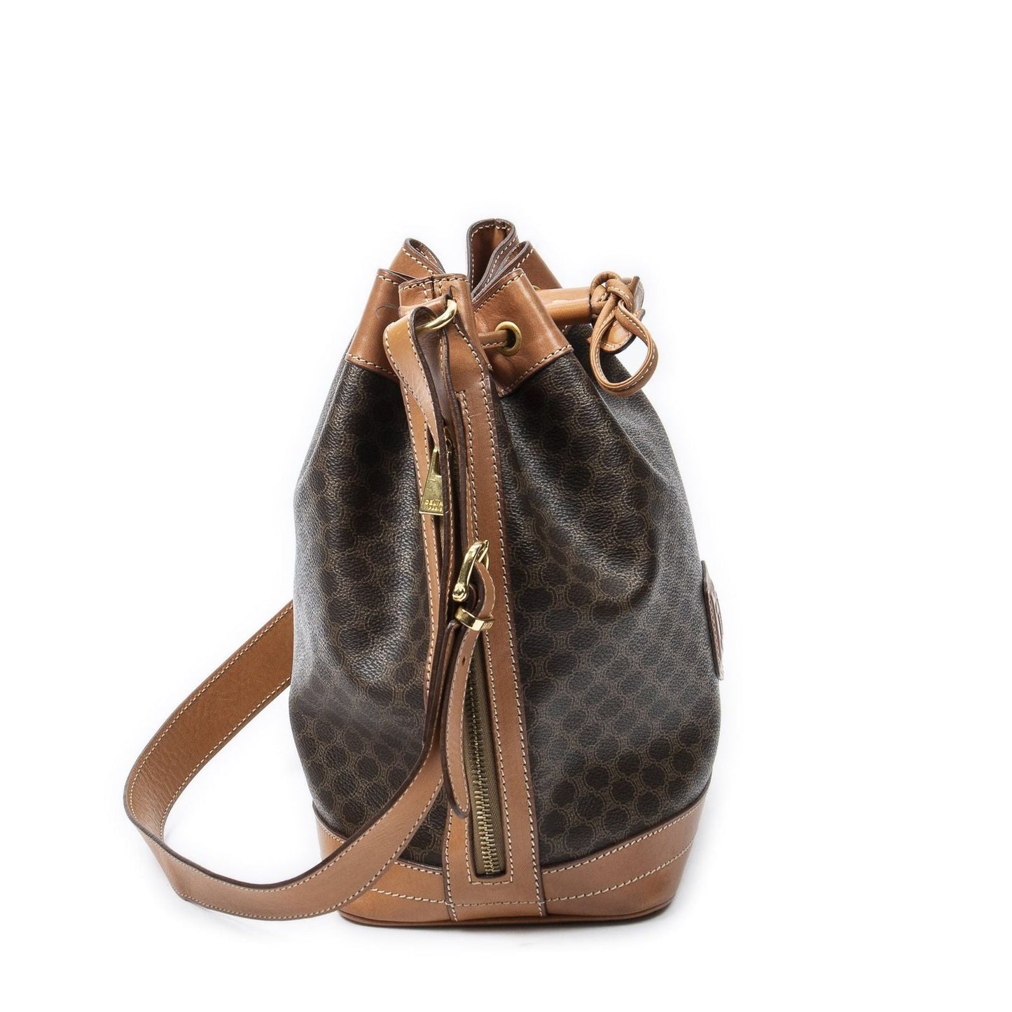 Celine Vintage Side Zip Bucket Tote Brown Macadam Canvas