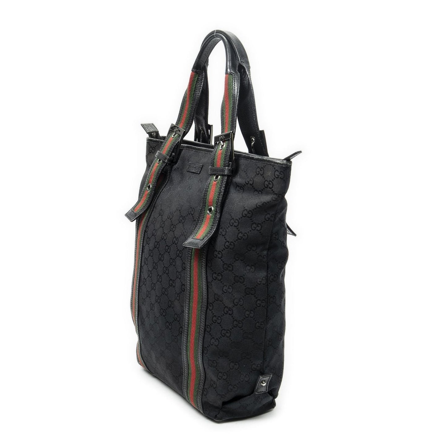 Gucci Web Buckle Vertical Tote Black GG Canvas