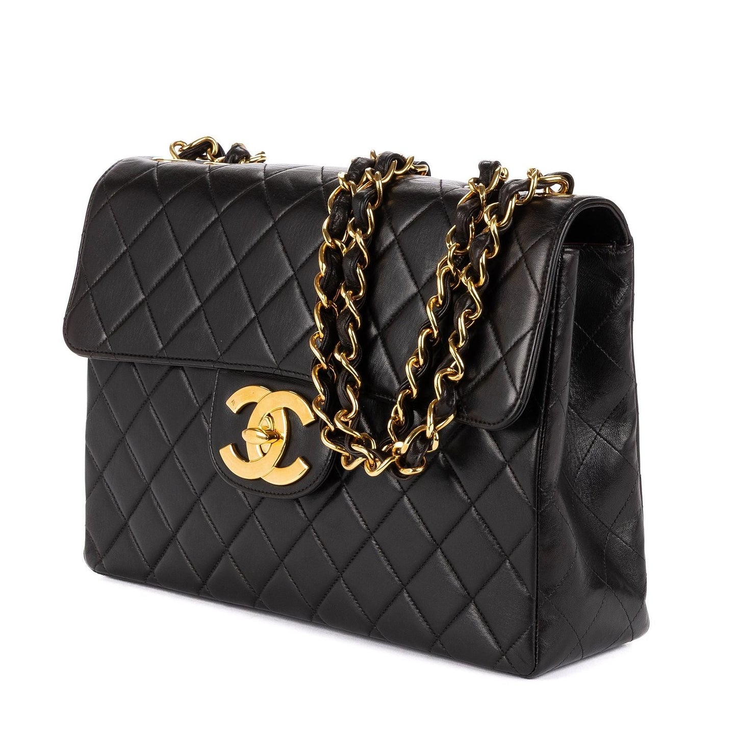 Chanel Vintage Jumbo Black Smooth Leather Quilted Polished Messenger Bag