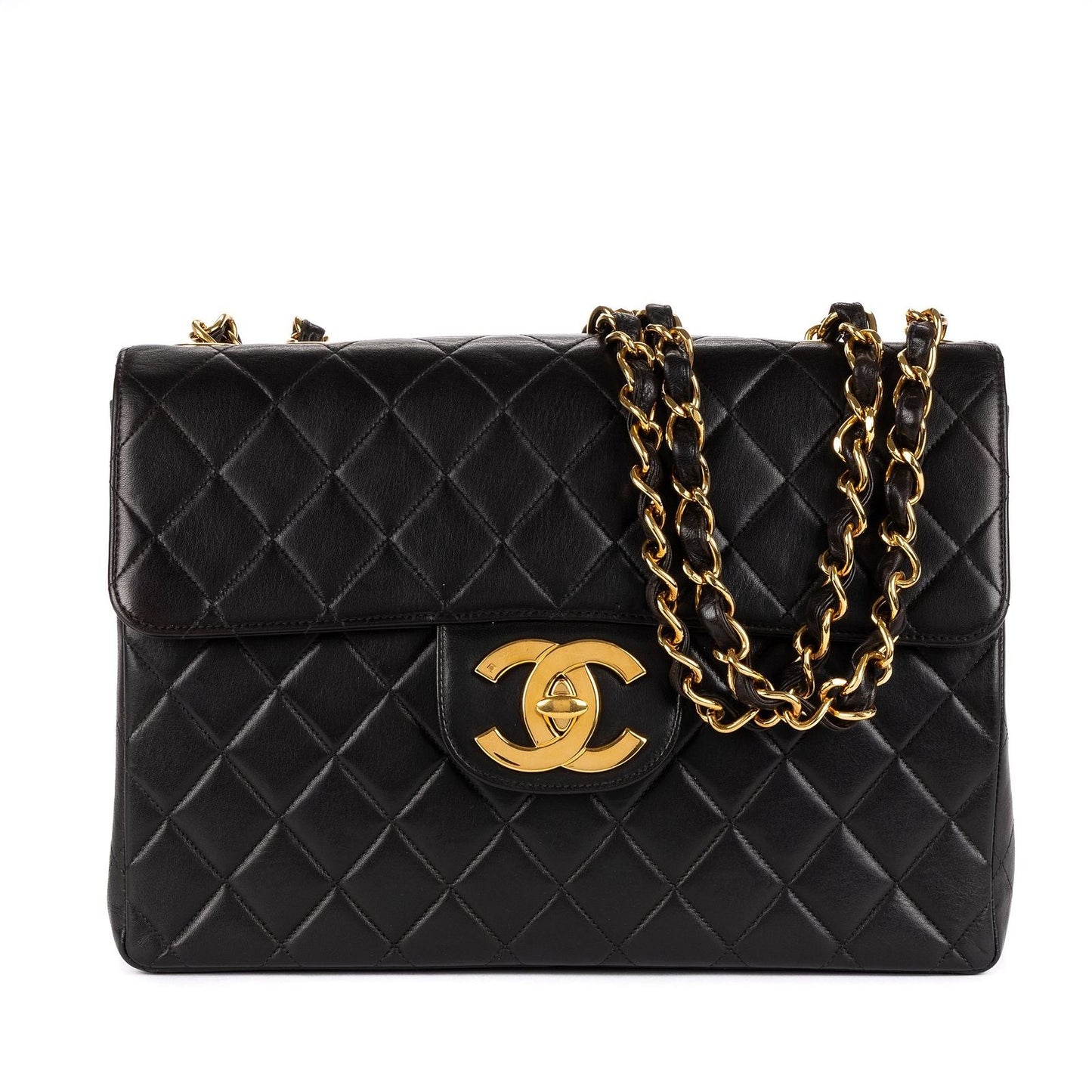 Chanel Vintage Jumbo Black Smooth Leather Quilted Polished Messenger Bag