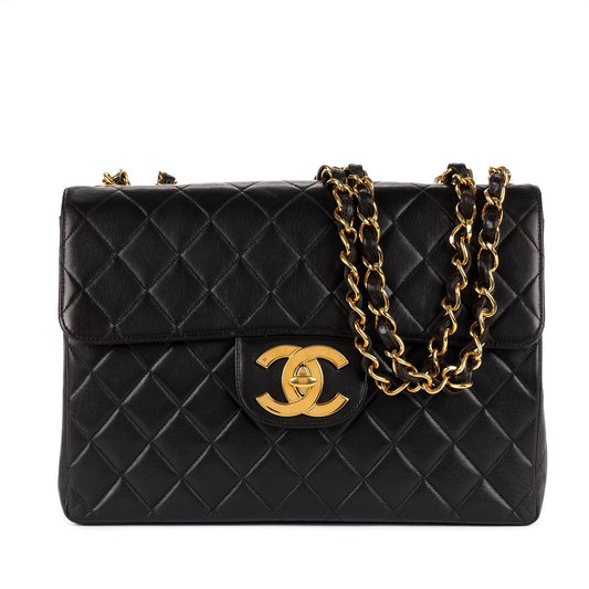 Chanel Vintage Jumbo Black Smooth Leather Quilted Polished Messenger Bag