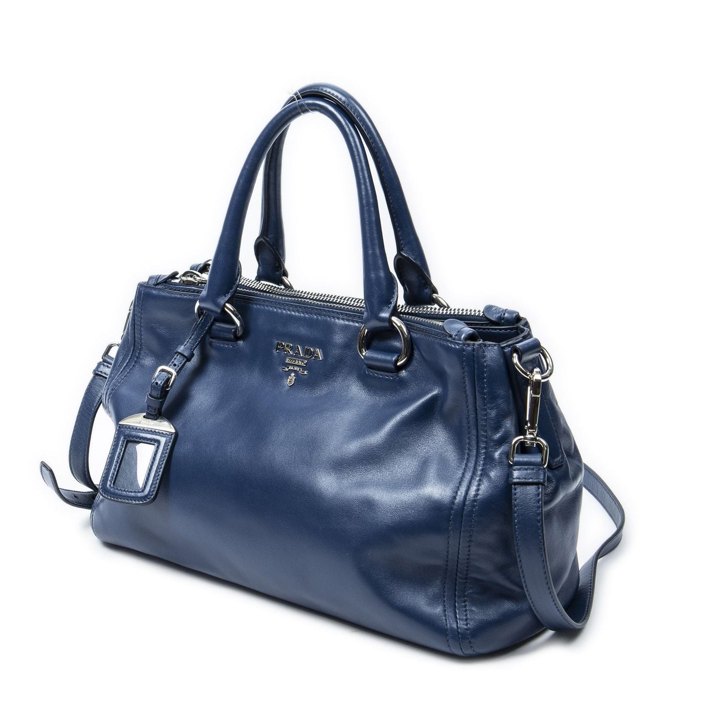 Prada Zip Pocket Shopping Tote Blue Soft Calfskin Leather