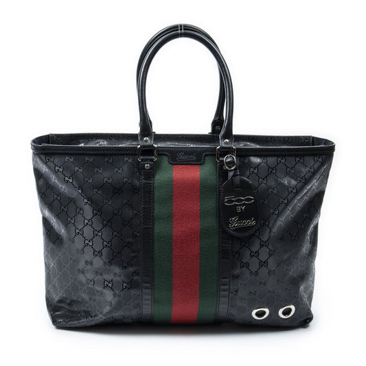 Gucci Large Web 500 Zip Tote Black Guccissima Imprint Canvas