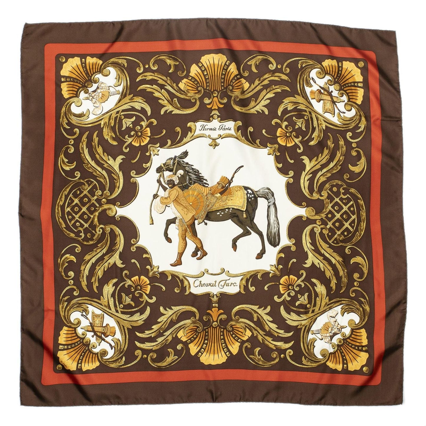 Hermes Scarf Brown Gold Red Silk