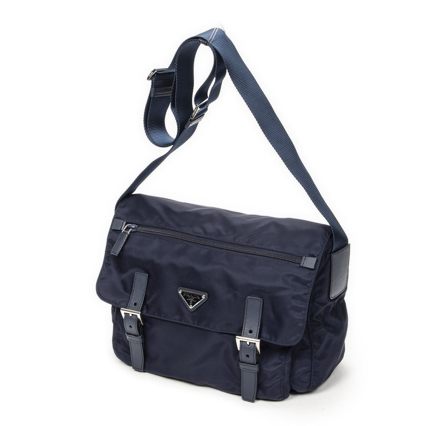 Prada Double Buckle Flap Messenger Bag Navy Nylon Canvas